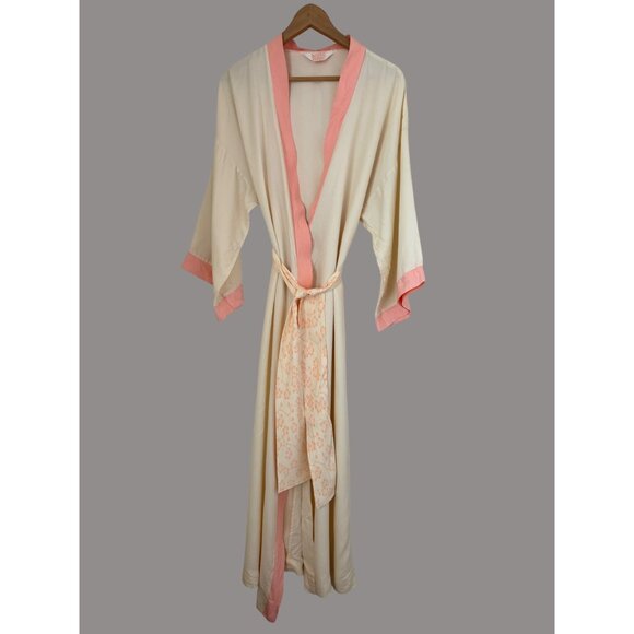 Vintage IMPERIAL GARDEN KIMONO Peach & Cream Belted Robe Women's Sz L UNION MADE - Picture 1 of 7